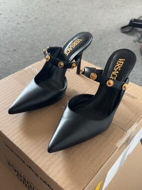 Versace Black Leather Pointed-Toe Heeled Mules with Gold Medallion Strap